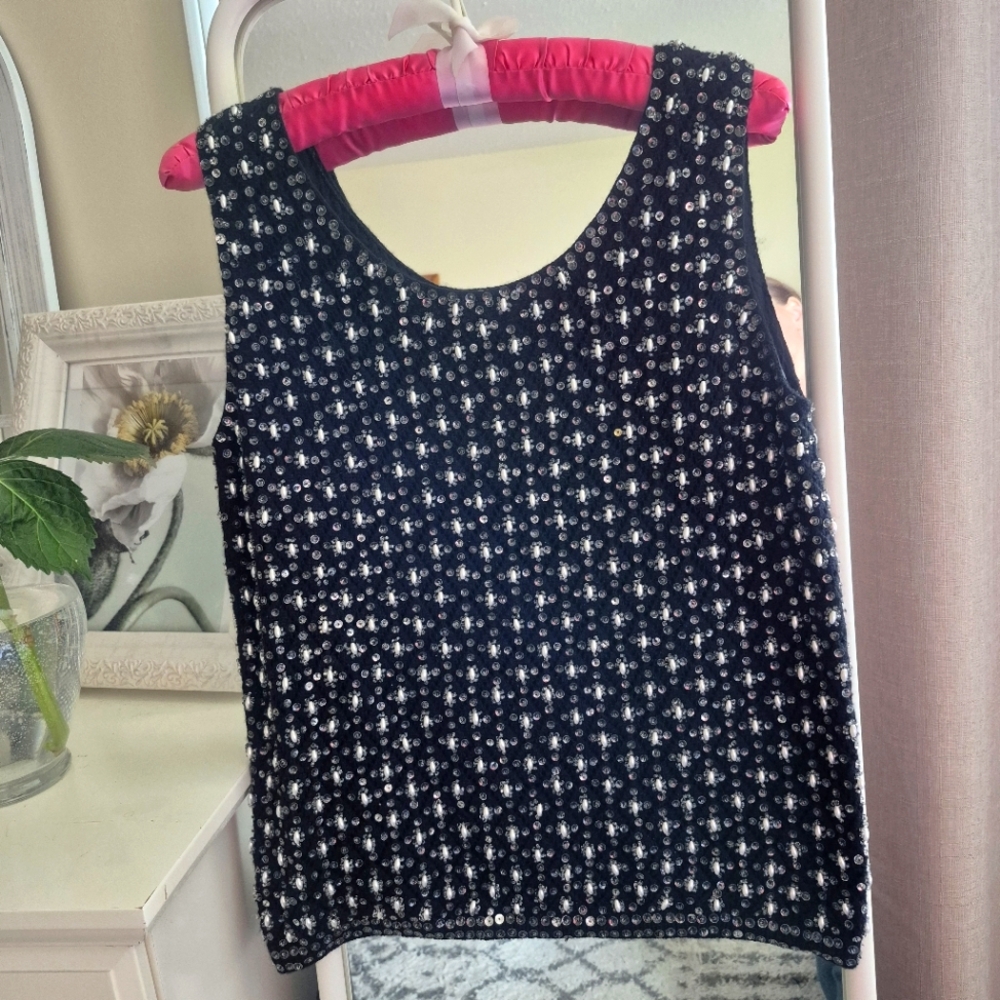 1960s Vintage Black Hand Beaded and Sequined Tank Top Size 38